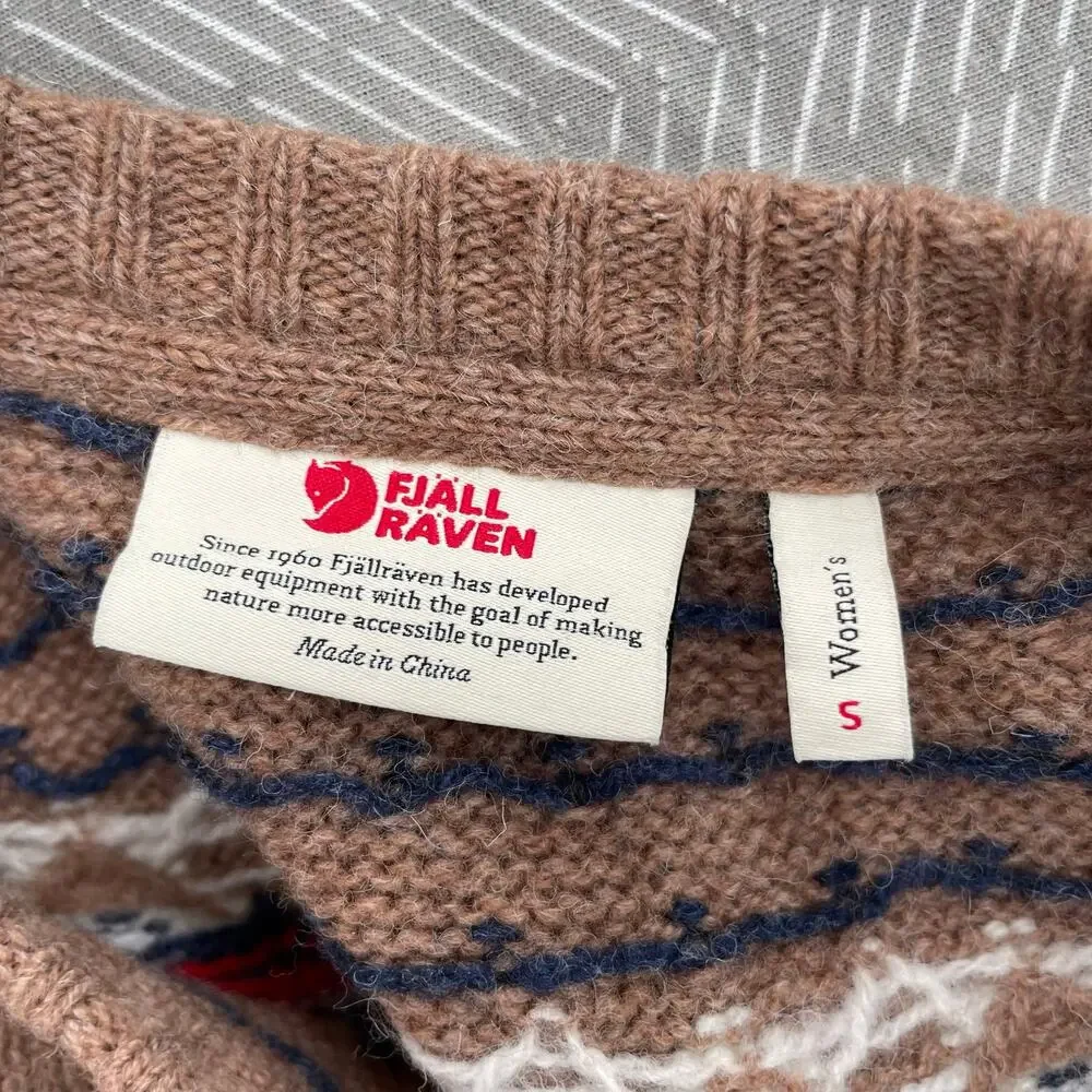 Fjallraven Ovik Knit Sweater Navy Blue Tan Wool Nordic Winter Pullover Size S